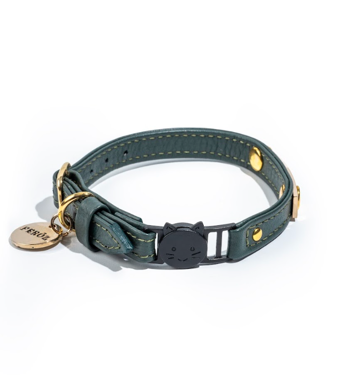 Pine green leather cat collar