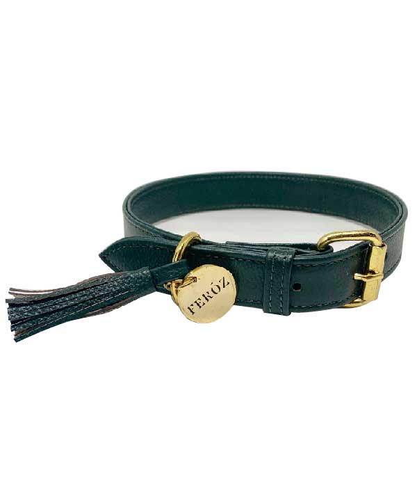 Green pine leather dog collar